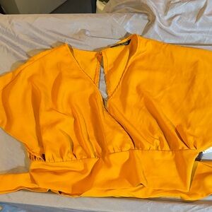 SHEIN Bright Orange V-Neck Flutter Sleeve Blouse